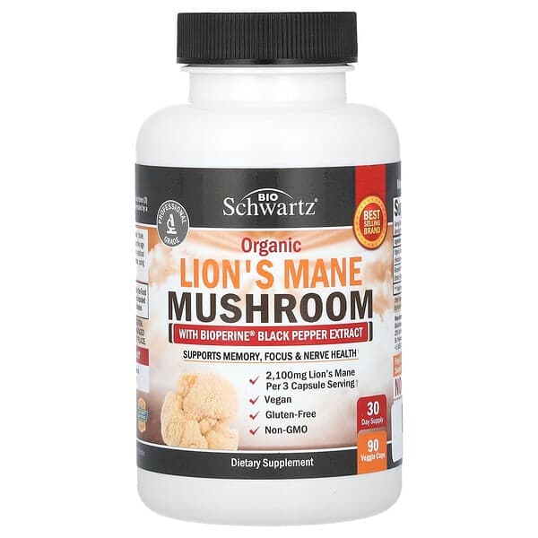 BioSchwartz Organic Lion's Mane Mushroom with Bioperine Black Pepper Extract, 90 Veggie Caps