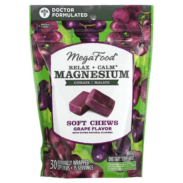 MegaFood Relax + Calm Magnesium Soft Chews, Grape, 30 Count