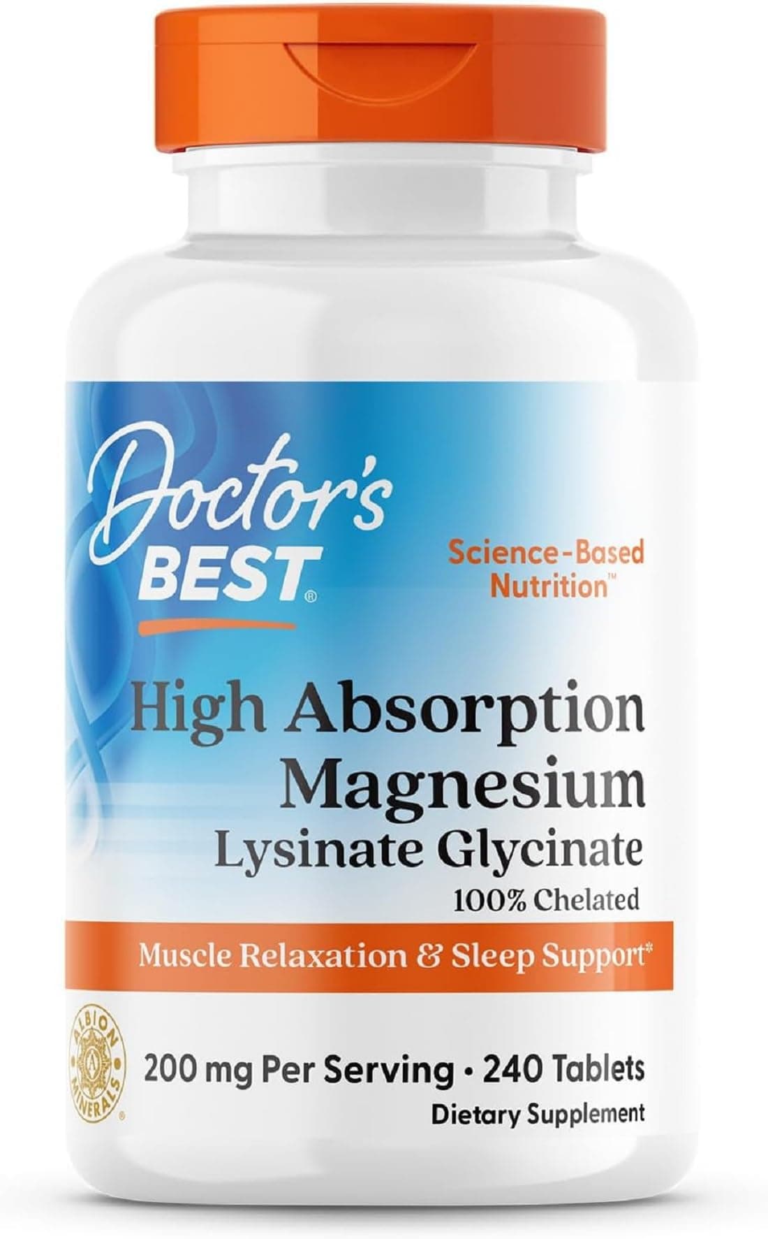 Doctor's BEST High Absorption Magnesium Glycinate Lysinate Tablets, 200mg, 240 Count