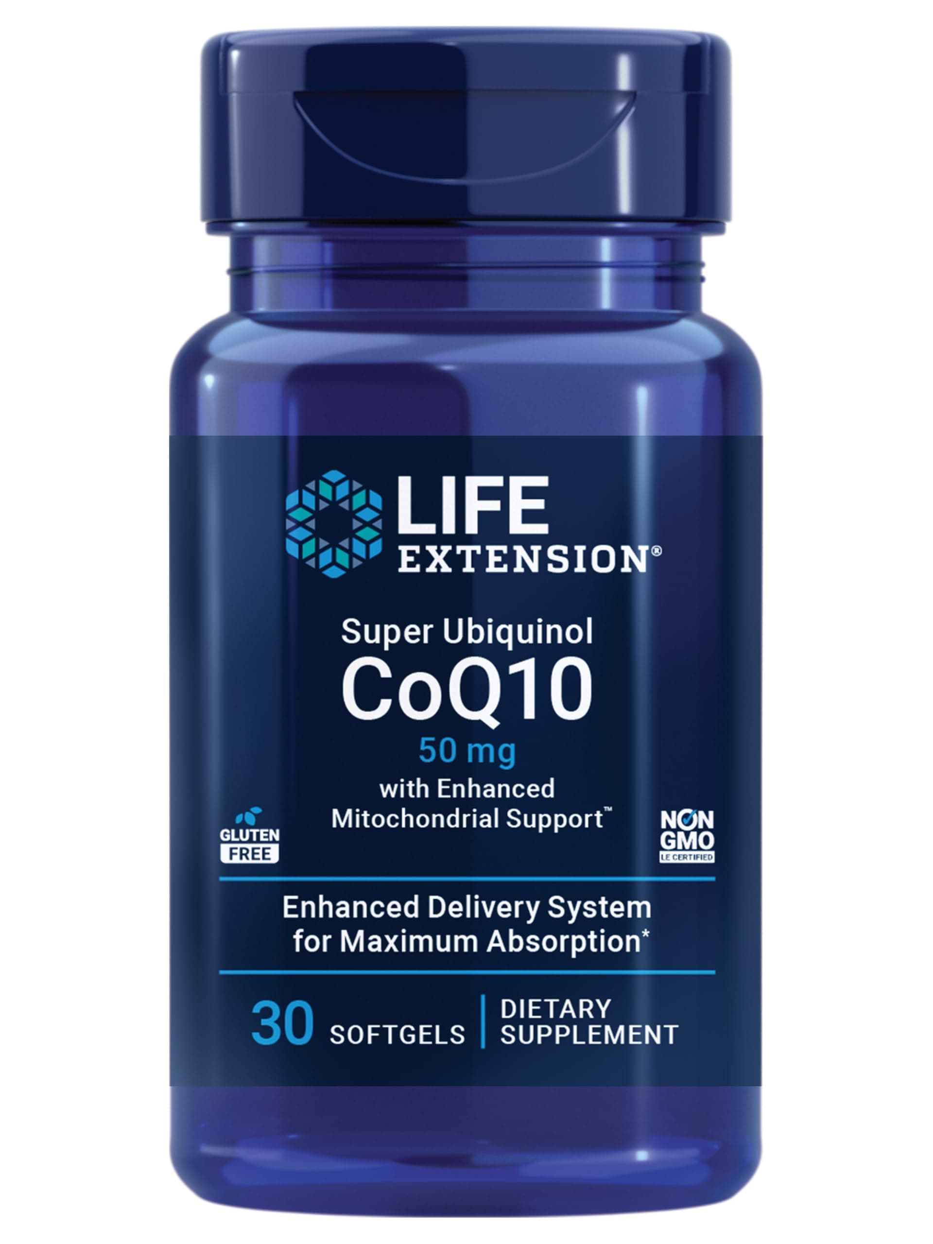 Life Extension Super Ubiquinol CoQ10 with Enhanced Mitochondrial Support, Heart Health Supplement, Maximum Absorption, 50 mg, Non-GMO, Gluten-Free, 30 softgels