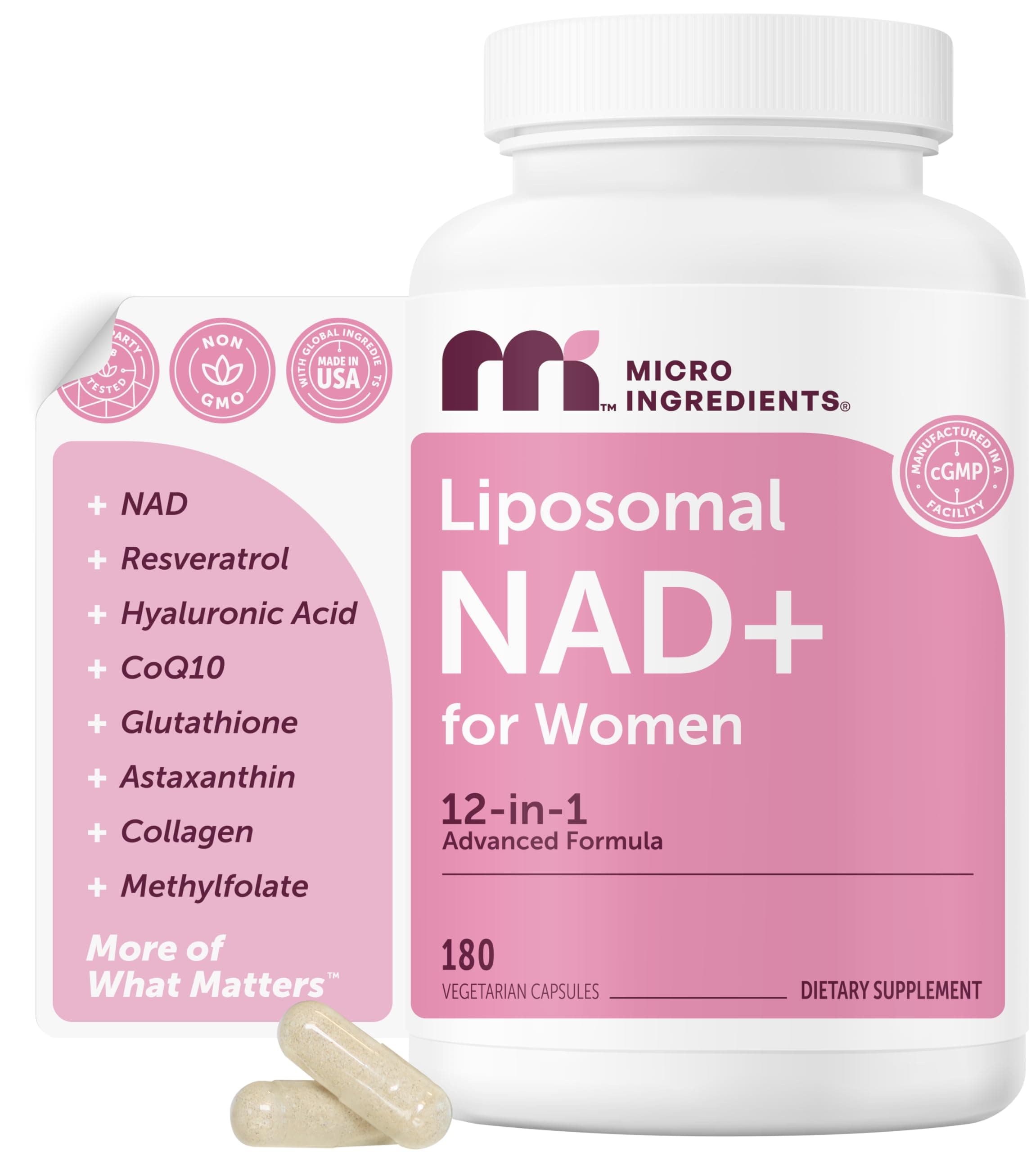 Micro Ingredients Liposomal NAD+ for Women Complex, 180 Veggie Capsules | NMN Pathway Supplement | 12-in-1 Advanced NAD Formula with Resveratrol, Hyaluronic Acid, Glutathione, & Collagen