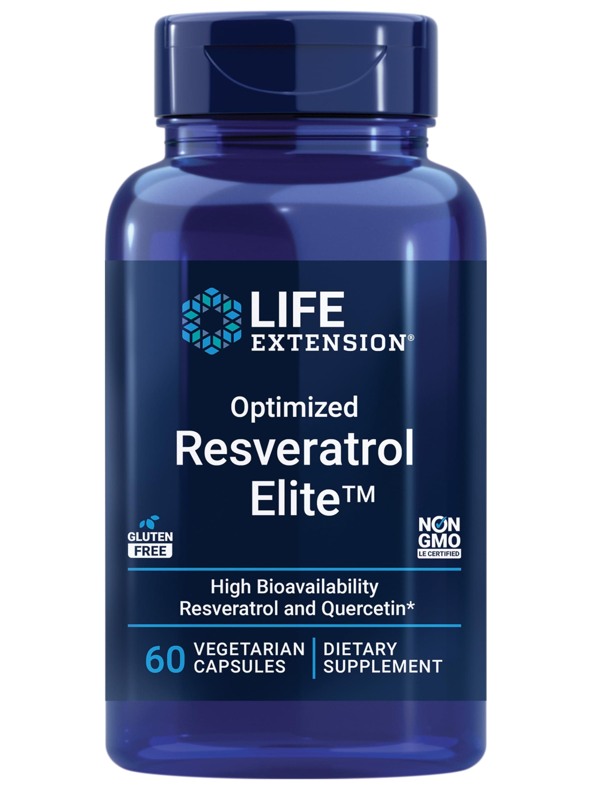 Life Extension Optimized Resveratrol Elite, Trans-resveratrol, quercetin, Healthy Aging, Heart Health, Brain Health, oxidative Stress, Gluten-Free, Non-GMO, Vegetarian, 60 Capsules