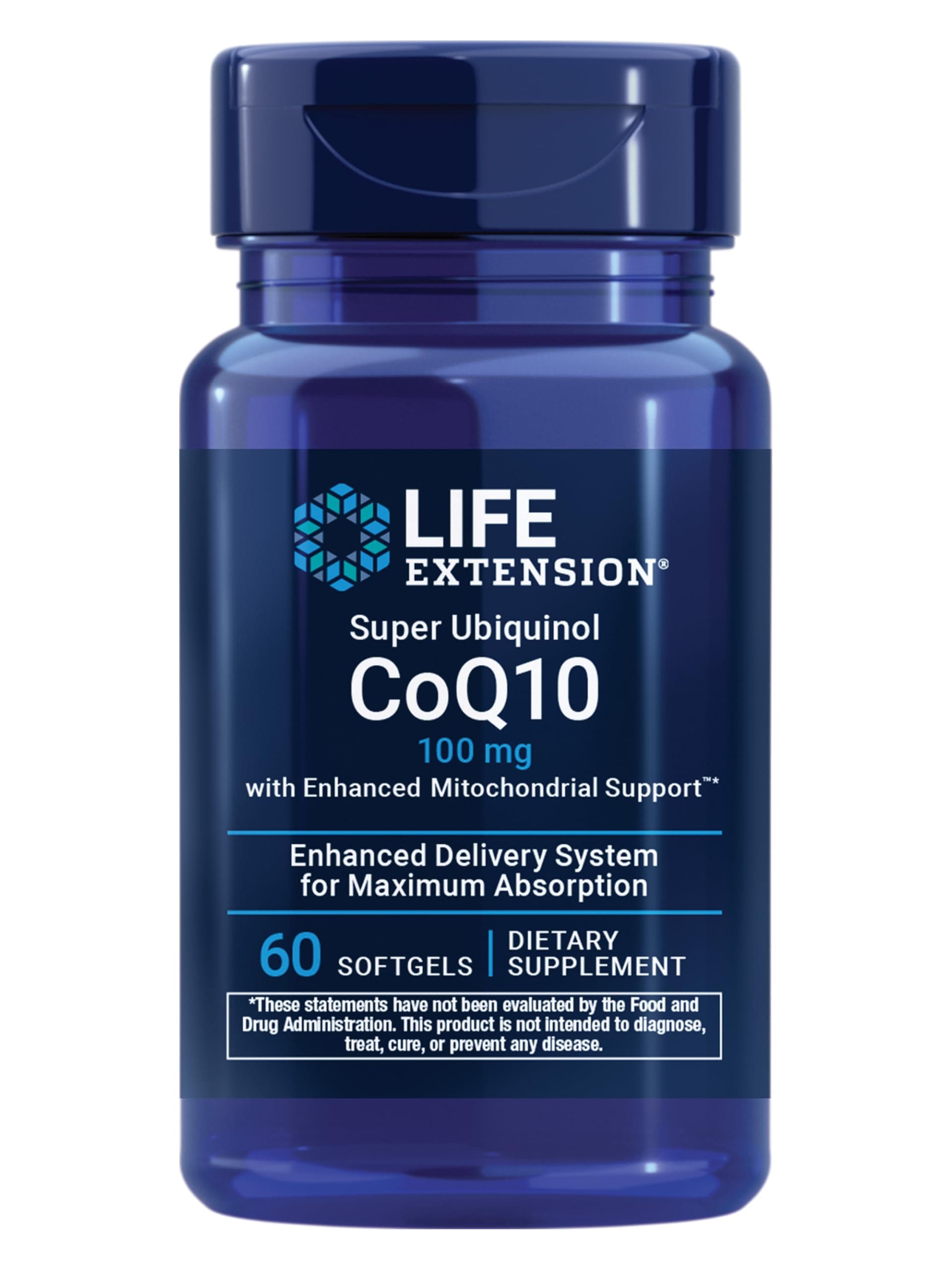 Life Extension Super Ubiquinol CoQ10 with Enhanced Mitochondrial Support, Potent Heart Health & Cellular Energy Production Support, Ultra-absorbable, Gluten-Free, Non-GMO, 100 mg, 60 softgels