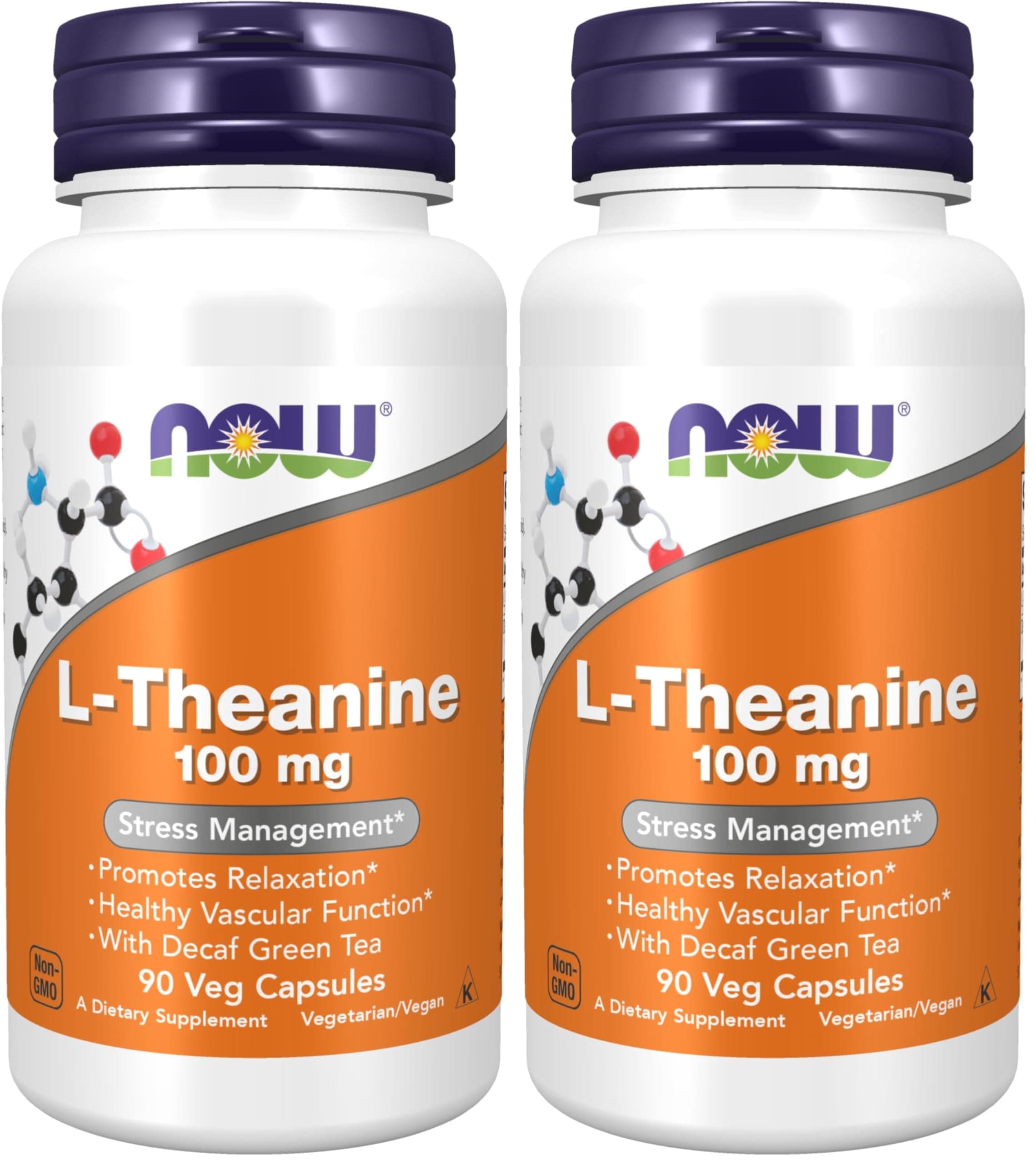 NOW Foods L-Theanine 100 mg with Decaf Green Tea Veg Capsules, 90 Count